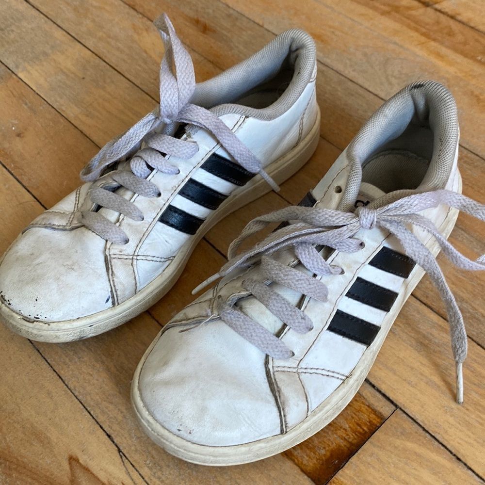 TWO pairs of ADIDAS white sneakers, sizes 13 and 1.